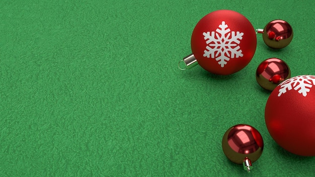 Boules de Noël rouges sur fond vert rendu 3D