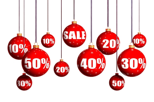 Boules de Noël rouges avec vente isolée sur fond blanc Concept de vente d'hiver et de Noël