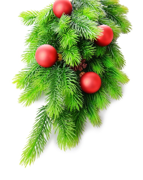 Boules de Noël sur sapin, isolé sur blanc