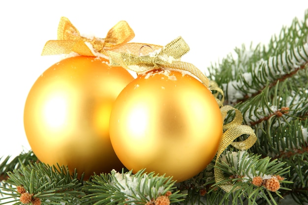 Boules de Noël sur sapin avec de la neige, isolés sur blanc