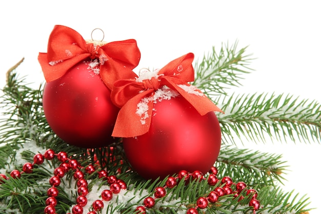 Boules de Noël sur sapin avec de la neige, isolés sur blanc