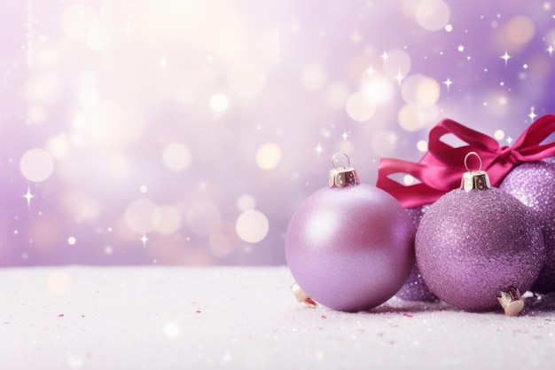 Boules de Noël violettes avec des ornements bruns et des nœuds sur un fond de bokeh scintillant Vacances de Noël et concept de décoration festive Illustration d'IA générative