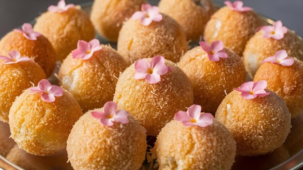 Des boules de noix de coco faites maison décorées de petites fleurs roses