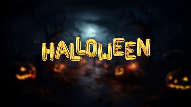 Photo des boules d'or d'halloween dans une nuit effrayante avec la lune et des citrouilles concept bonne idée créative d'halloween