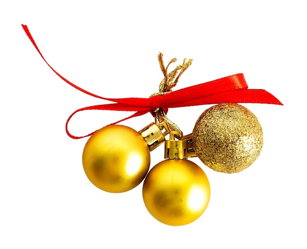Boules d'or avec ruban rouge Ornements de Noël isolés sur fond blanc ou transparent