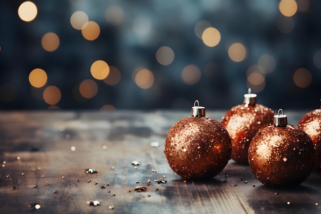 Boules d'or scintillantes de Noël avec des lumières étincelantes et un fond flou Bannière de mock-up festive avec une décoration créative et un espace de copie