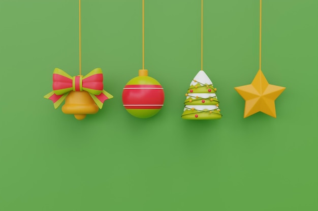 Boules ornementales pin cloche et étoile accrochée à des ornements de ruban pour Noël et Nouvel An rendu 3d