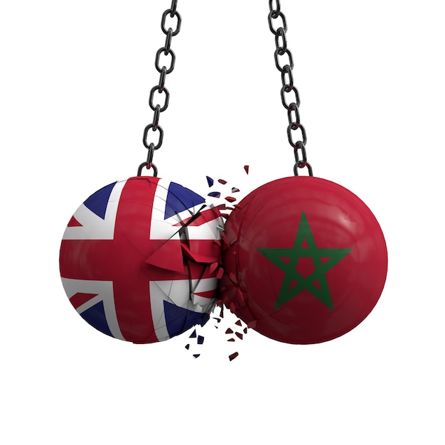 Les boules politiques du drapeau du Royaume-Uni et du Maroc se fracassent l'une contre l'autre Rendu 3D