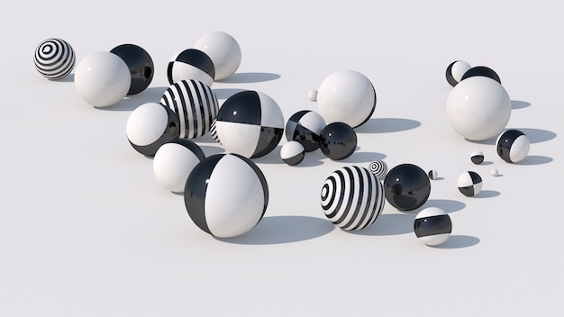 Boules rayées noires et blanches. Illustration abstraite, rendu 3d.