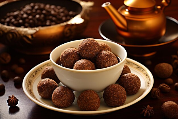 Des boules de rhum au chocolat avec une tasse de café.