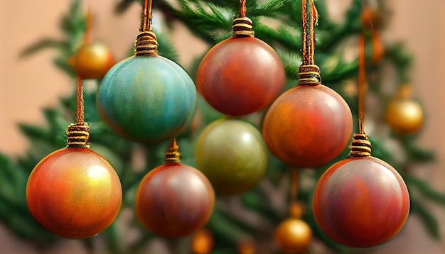 Boules de sapin de Noël festives suspendues dans l'arbre comme arrière-plan de décoration de Noël