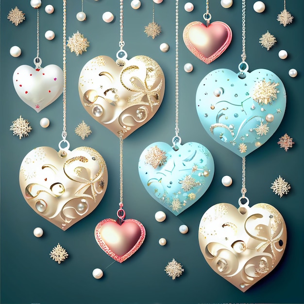 Boules suspendues décorées d'un flocon de neige en forme de cœur