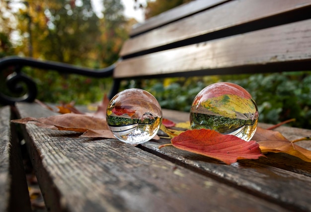 boules de verre sur un banc de parc en automne