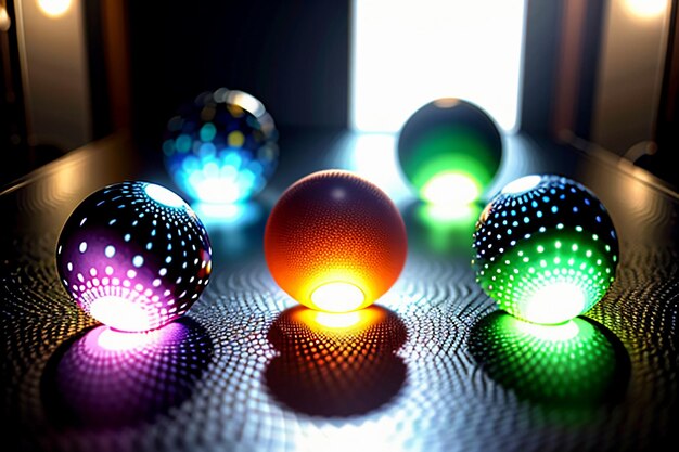 Photo des boules de verre colorées brillent à travers la lumière, émettant de magnifiques effets de lumière et d'ombre colorés