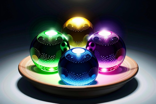 Des boules de verre colorées brillent à travers la lumière, émettant de magnifiques effets de lumière et d'ombre colorés