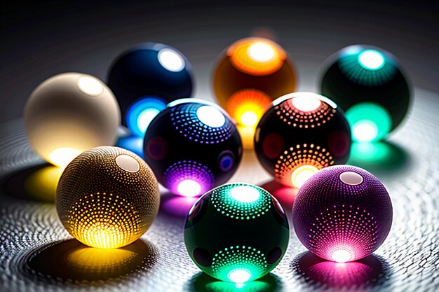 Des boules de verre colorées brillent à travers la lumière, émettant de magnifiques effets de lumière et d'ombre colorés