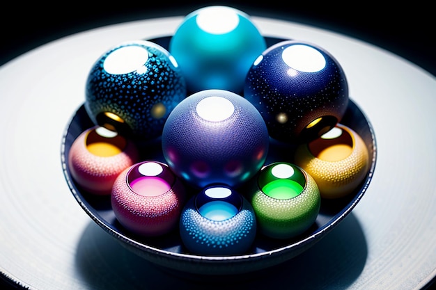 Des boules de verre colorées brillent à travers la lumière, émettant de magnifiques effets de lumière et d'ombre colorés