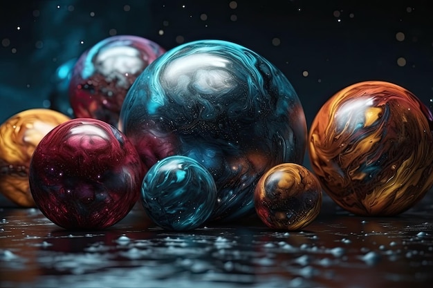 Boules de verre colorées disposées sur une table