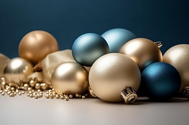 Boules de verre dorées et bleues de Noël sur fond beige Gros plan IA générative