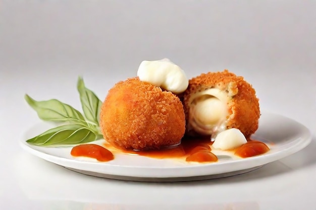 Photo des boules de viande de poulet panées avec du fromage mozzarella élastique isolé sur un fond blanc