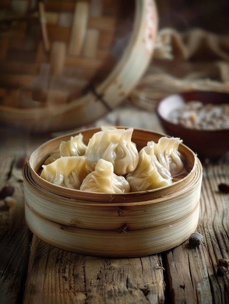 Les boulettes chinoises sont sur une table en bois.