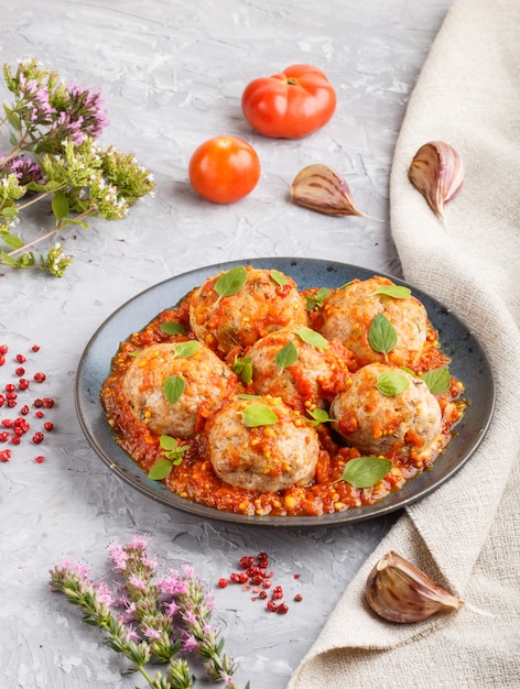 Boulettes De Porc à La Sauce Tomate, Feuilles D'origan, épices Et Fines Herbes. Vue De Côté