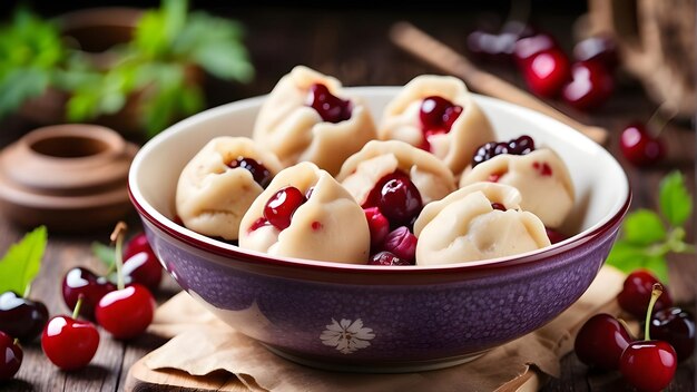 boulettes sucrées avec des cerises présentées dans un bol Mettre en évidence le plat traditionnel ukrainien