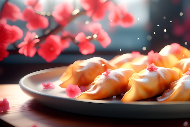 Des boulettes à thème Sakura sur une assiette