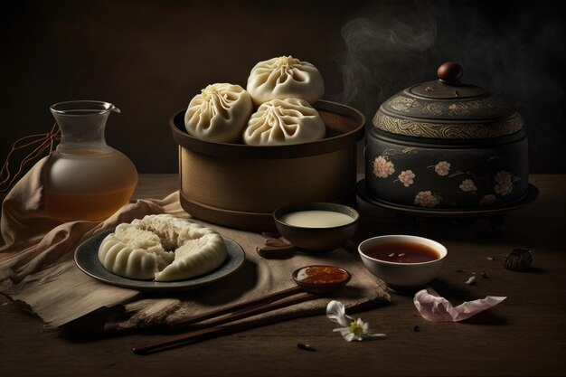 Boulettes traditionnelles chinoises et gâteau shu sur table créé avec ai générative