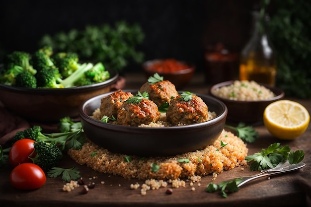 boulettes de viande cuites au four de filet de poulet avec garniture de quinoa et de brocoli bouilli nutrition adéquate sport