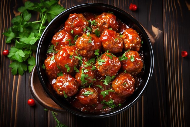 Des boulettes de viande dans de la sauce tomate sucrée et aigre créées avec des outils d'intelligence artificielle génératifs