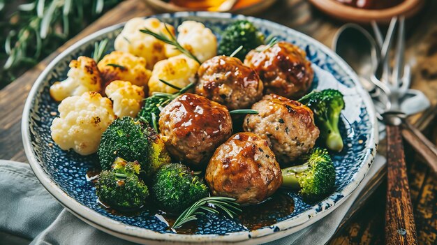 Des boulettes de viande avec du brocoli et du chou-fleur dans une assiette