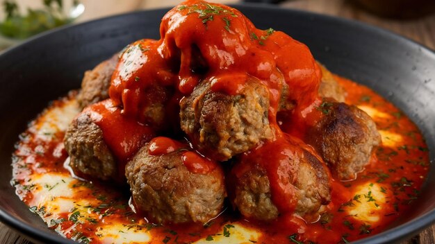 Photo des boulettes de viande grillées surmontées d'une sauce épicée