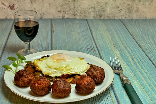 Boulettes De Viande Avec Ratatouille Et Un œuf Au Plat Dans Une Assiette Blanche Sur Une Table En Bois