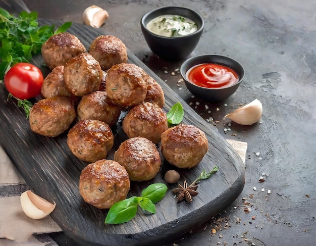 Boulettes de viande salées assaisonnées aux herbes présentées sur une planche de bois avec sauce aux épices et à l'ail Si