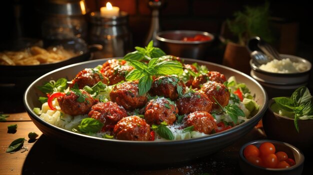 boulettes de viande avec sauce sur un bol avec un fond noir et flou