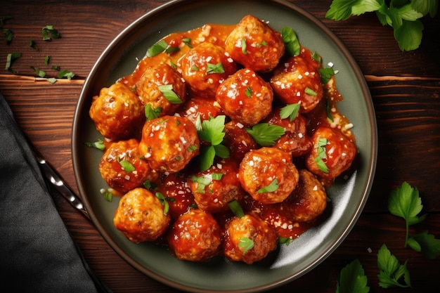 Boulettes de viande à la sauce tomate aux herbes sur table en bois Ai générative