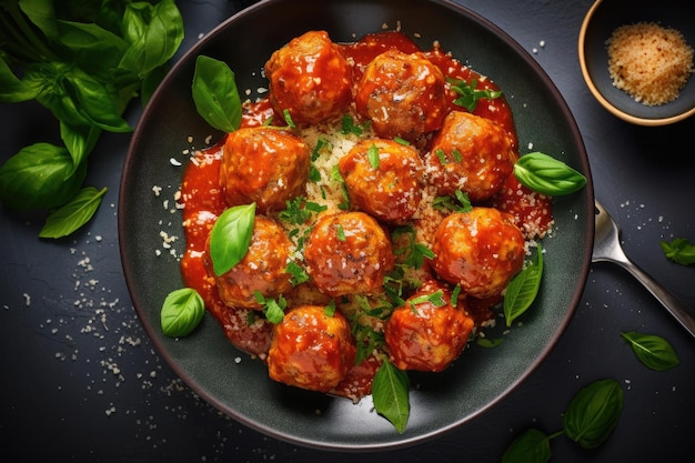 Boulettes de viande à la sauce tomate aux herbes sur table en bois Ai générative