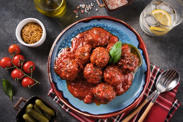 Boulettes de viande à la sauce tomate. Boulettes de viande suédoises faites maison avec sauce tomate en plaque bleue sur fond gris. Vue de dessus, mise à plat, gros plan.