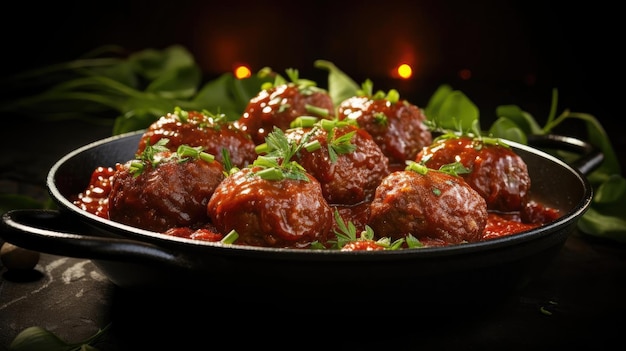 boulettes de viande avec sauce tomate fondue sur un bol avec un fond noir et flou