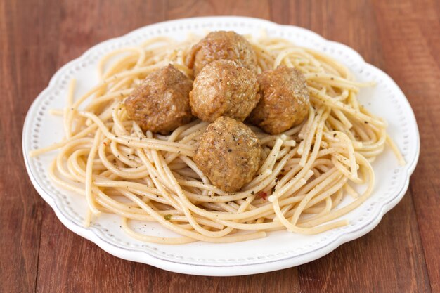 Boulettes de viande avec des spaghettis dans une assiette sur fond marron