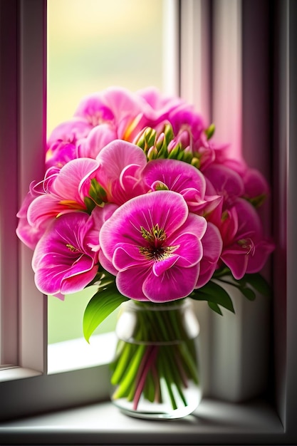 Bouquet d'alstroemeria rose en gros plan près de la fenêtre