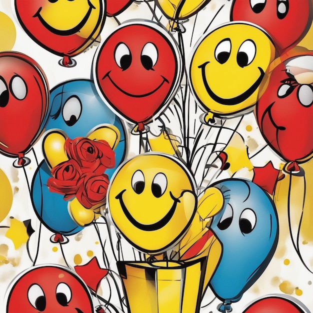 Bouquet d'anniversaire avec un sourire, des ballons rouges et jaunes, du papier peint.