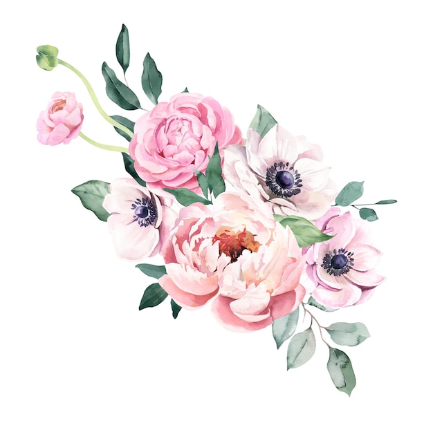 Photo bouquet d'aquarelle avec anémone, pioie et ranunculus parfait pour les invitations et les médias sociaux