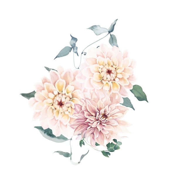 Bouquet aquarelle avec dahlias et branches élégantes