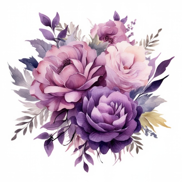 Bouquet aquarelle de fleurs d'anémones violettes sur fond blanc