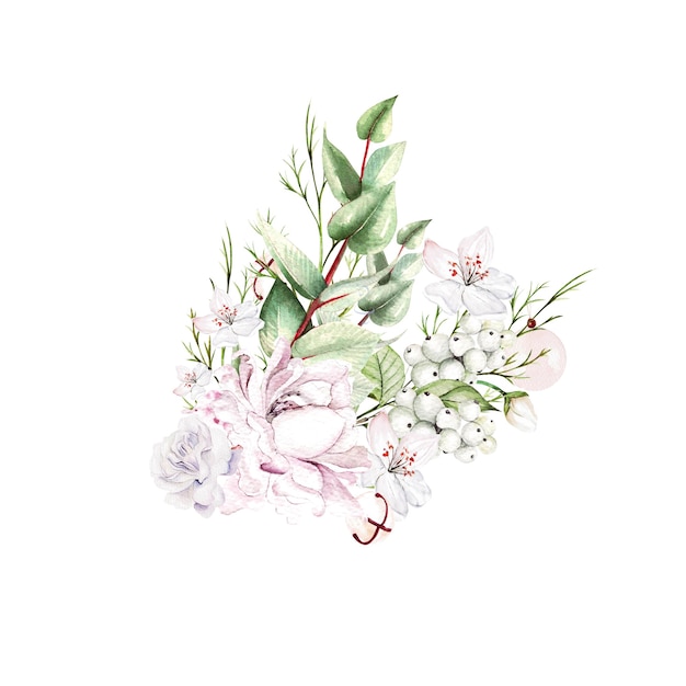 Bouquet d'aquarelle avec des fleurs et des baies