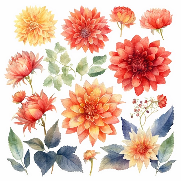 Bouquet aquarelle de fleurs de dahlia avec des feuilles