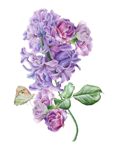 Bouquet d'aquarelle avec des fleurs. Lilas. Papillon. Illustration. Dessiné à la main.