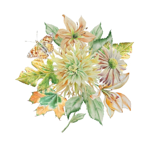 Bouquet d'aquarelle avec fleurs et papillons